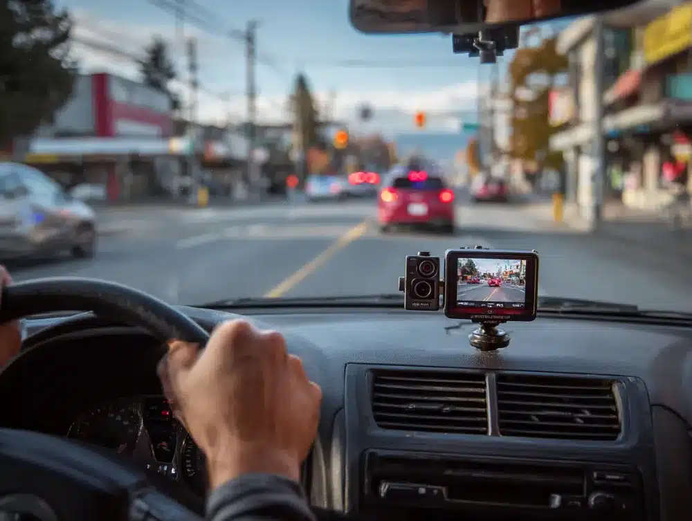 Driving down city street with dashcam view