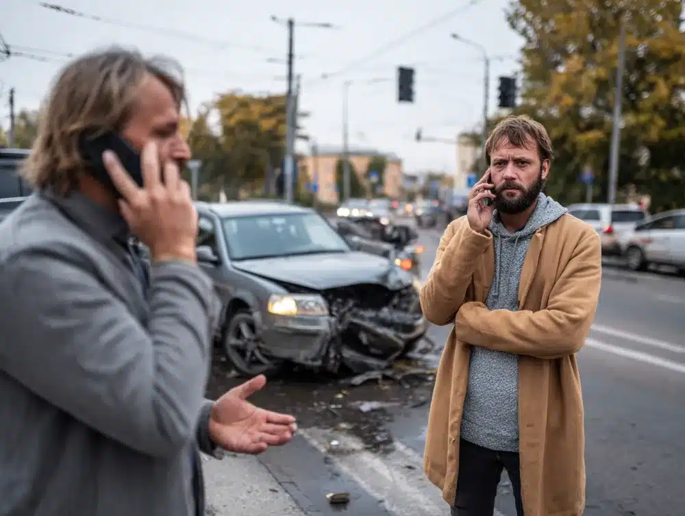 Two men on phones by car accident scene.