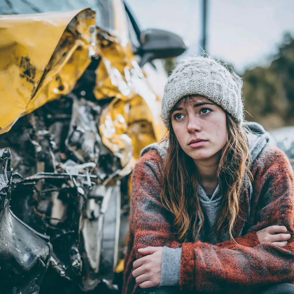 Woman sitting by damaged yellow car.