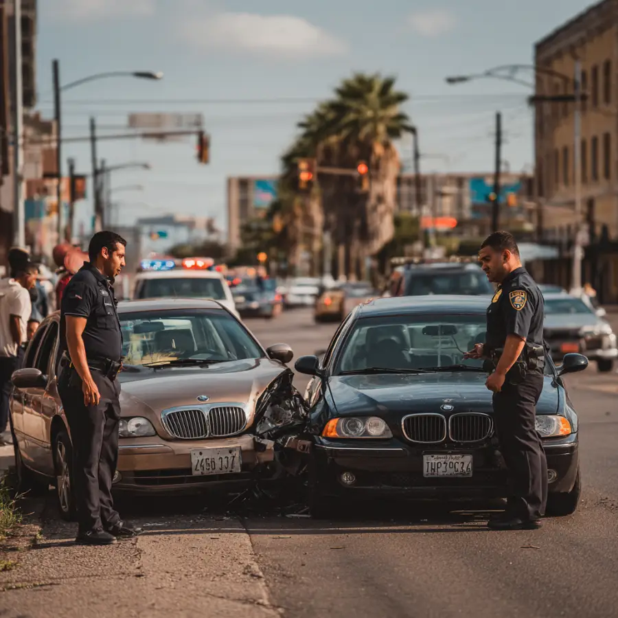 Two cars collided, police officers at the scene.