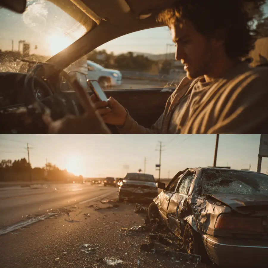 Distracted driving causes severe car accident at sunset.