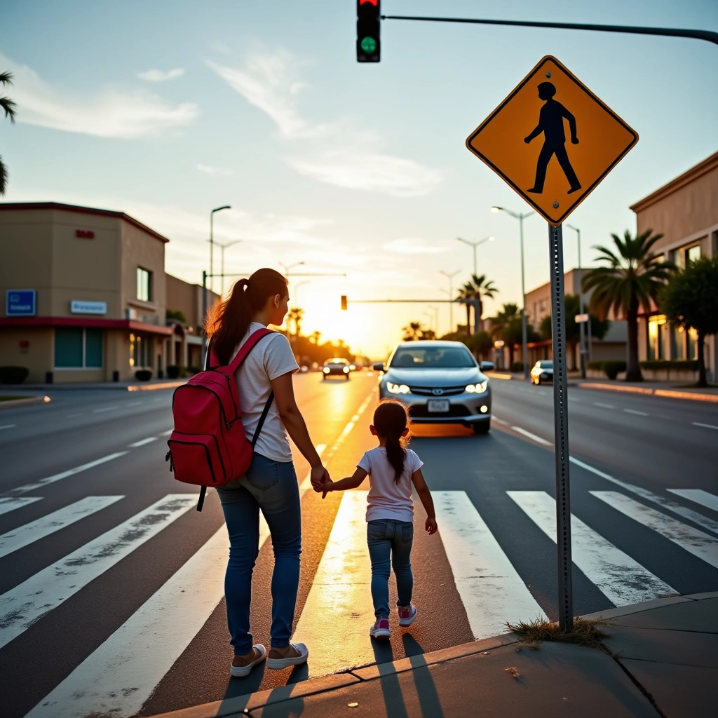 Mother and child crossing street at sunset