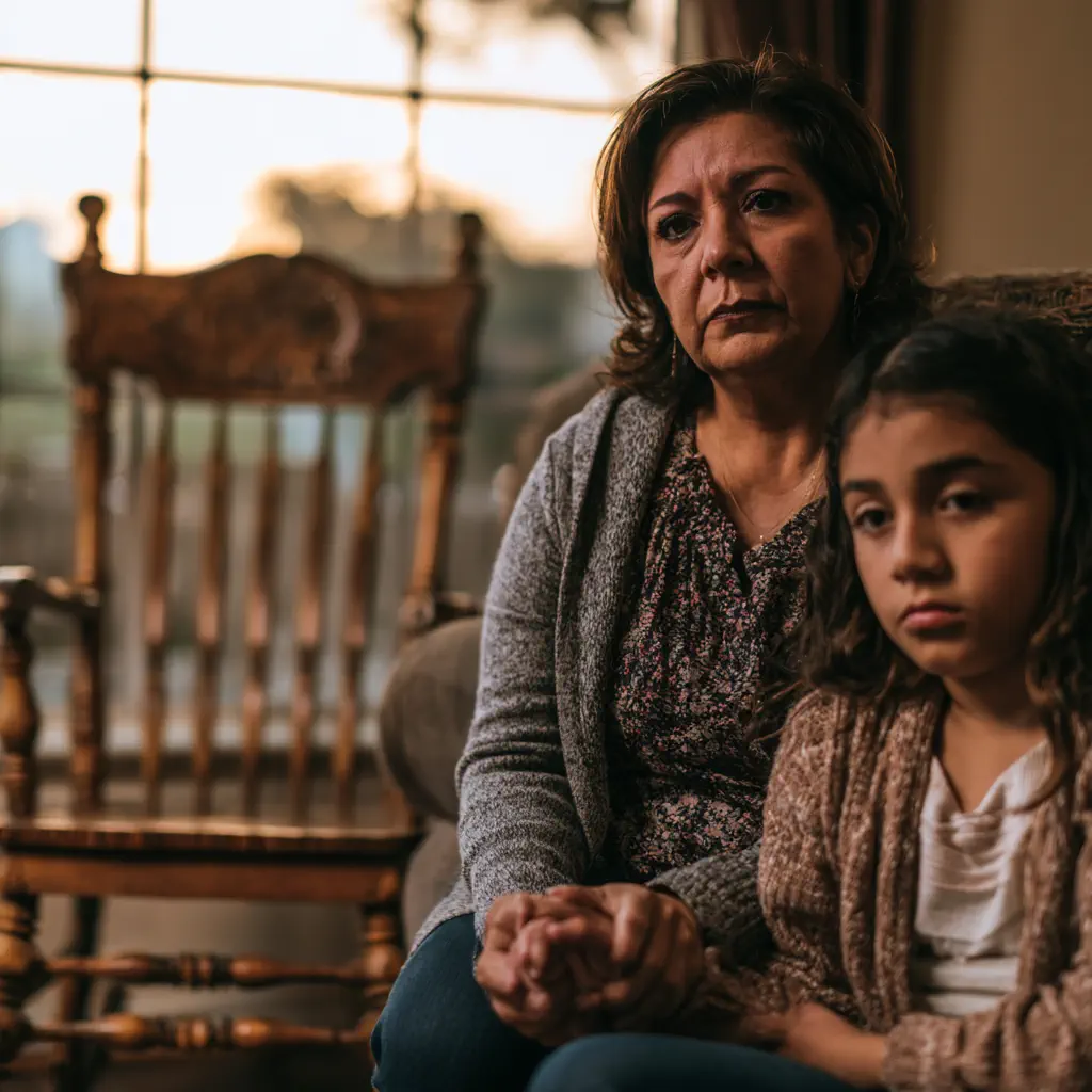 Woman and young girl sitting indoors looking serious