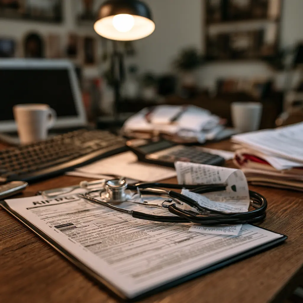 Stethoscope and medical bills on a cluttered desk