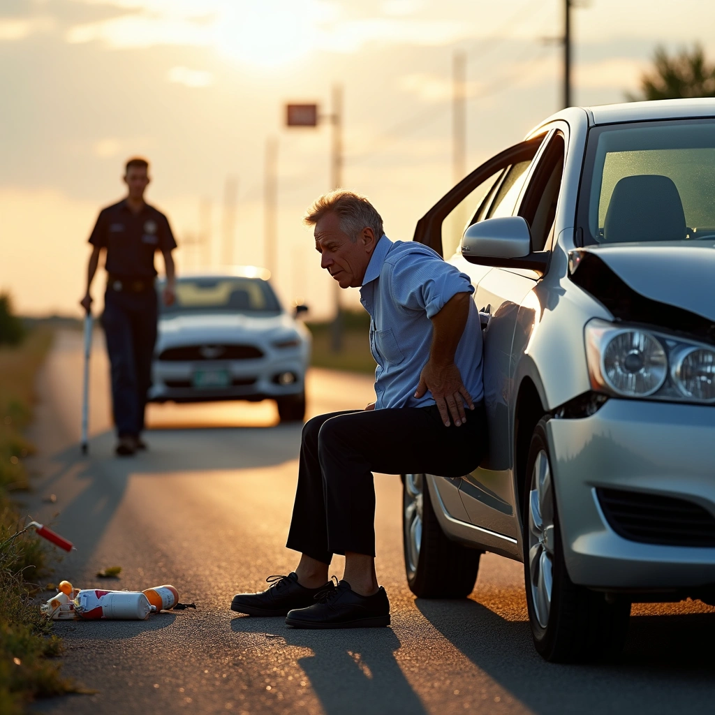 Injured man sits beside damaged car after roadside crash