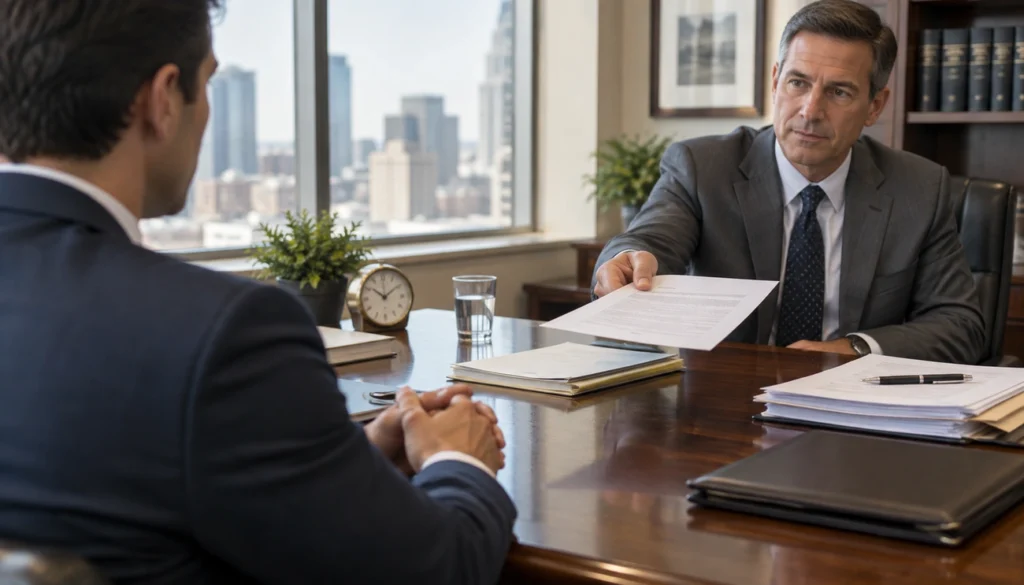 Attorney hands document to client across office desk